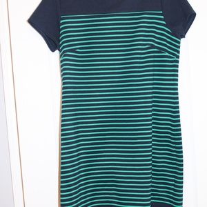 Navy and green striped dress; lots of stretch